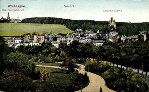 Ak Wiesbaden in Hessen,  Nerobergrestaurant, Nerotal, Russische Kapelle