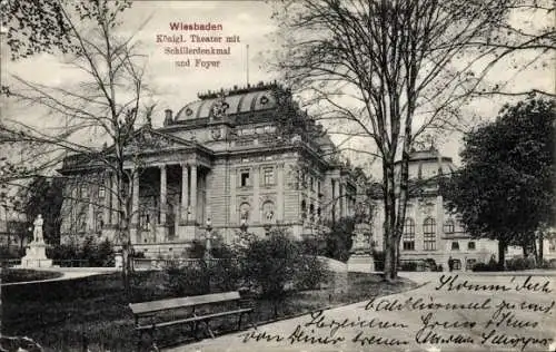 Ak Wiesbaden in Hessen, Königliches Theater, Schillerdenkmal, Foyer, Parkbank, Bäume