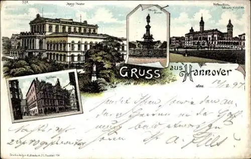 Litho Hannover in Niedersachsen, Königliches Theater, Rathaus, Welfenschloss, Hochschule