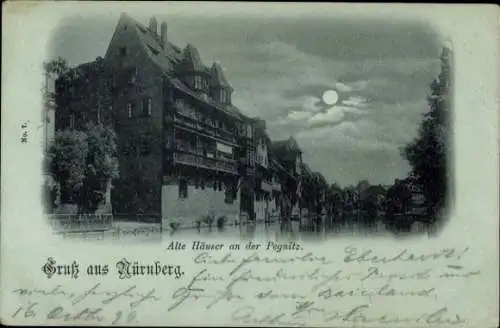 Mondschein Ak Nürnberg in Mittelfranken, Alte Häuser an der Pegnitz