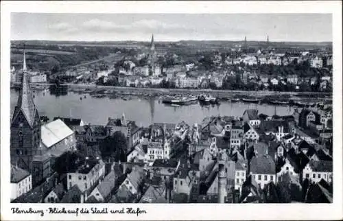 Ak Flensburg in Schleswig Holstein, Blick auf die Stadt und Hafen, Stadtansicht, Wasser, Schiffe