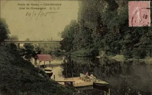 Ak Champigny sur Marne Val de Marne, Flusslandschaft, Boot, Brücke, Bäume, Poststempel, handschri