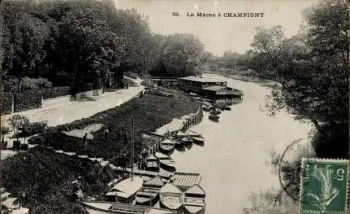 Ak Champigny sur Marne Val de Marne, La Marne, Boote am Ufer, Bäume, Haus am Fluss