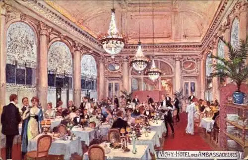 Ak Vichy Allier, Elegantes Restaurant, viele Gäste, Kronleuchter, Tische mit Blumen, Bedienung
