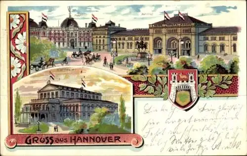 Litho Hannover in Niedersachsen, Theater, Post, Bahnhof, Wappen