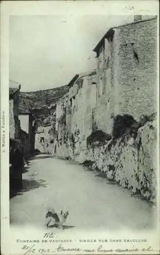 Ak Fontaine de Vaucluse, Strasse in  alte Gebäude, Hund auf der Straße