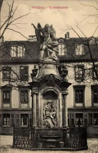 Ak Würzburg am Main Unterfranken, Kronosbrunnen, Statue,  Architektur, Stadtansicht, schwarz-weiß