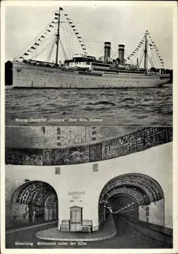 Ak Hamburg Mitte Altstadt, Hapag-Dampfer Oceana, Elbtunnelbilder,  Informationen