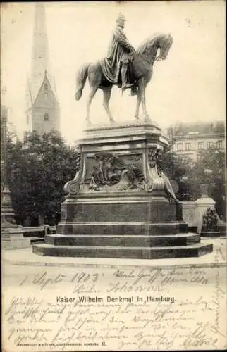 Ak Hamburg Mitte Altstadt, Kaiser Wilhelm Denkmal, Statue auf dem Pferd,  Szenerie