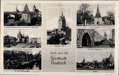 Ak Hansestadt Rostock, Stadtansichten,  Innenstadt, Marienkirche, Stadtmauer, Wasserturm