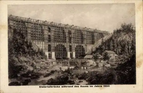 Ak Jocketa Pöhl im Vogtland, Elstertalbrücke im Bau, 1850