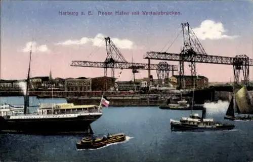 Ak Hamburg Harburg, Neuer Hafen, Verladebrücke, Schiffe