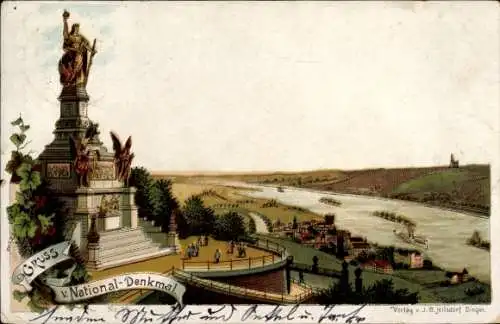 Ak Rüdesheim am Rhein, Niederwald Nationaldenkmal, National-Denkmal, Flusslandschaft, grünes Monu