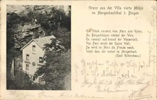 Ak Bingen am Rhein, Villa vierte Mühle, Morgenbachthal, Weinberge, Wasserfall, Ruine