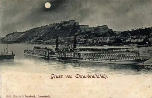 Ak Ehrenbreitstein Koblenz am Rhein, Dampfschiff auf dem Wasser, Burg auf dem Hügel, Vollmond