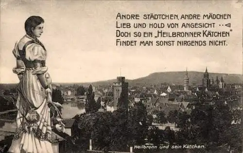 Ak Heilbronn am Neckar, Stadtansicht, Mädchenfigur,  poetischer Text