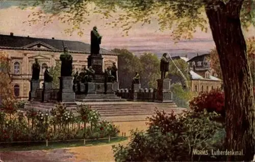 Ak Worms am Rhein, Lutherdenkmal, Statue von Martin Luther, Foreground mit Blumen