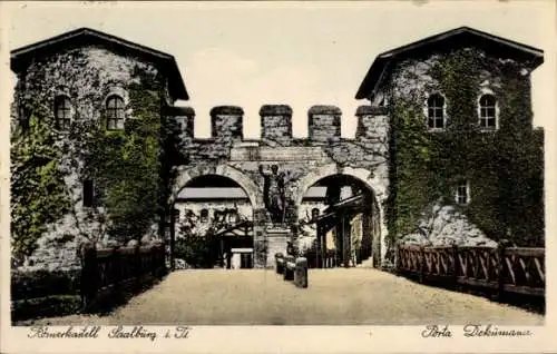 Ak Saalburg in Thüringen, Romerkastell  Porta Dekimana, Steinmauer, Türme, Statue