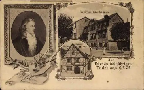 Ak Weimar in Thüringen, Schiller-Portrait, Sterbehaus Weimar, Geburtshaus Marbach, 100j. Todestag