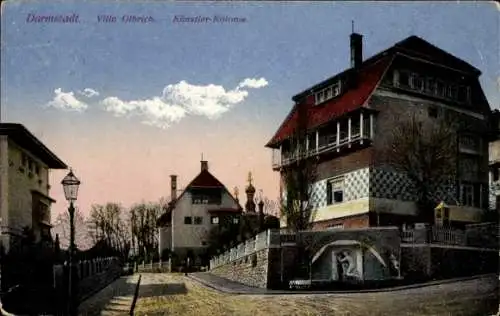 Ak Darmstadt in Hessen, Villa Olbrich, Künstler-Kolonie,  Architektur, Straßenansicht, Laterne