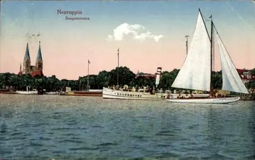 Ak Neuruppin in Brandenburg,  Seepanorama, Segelschiff, zwei Kirchtürme