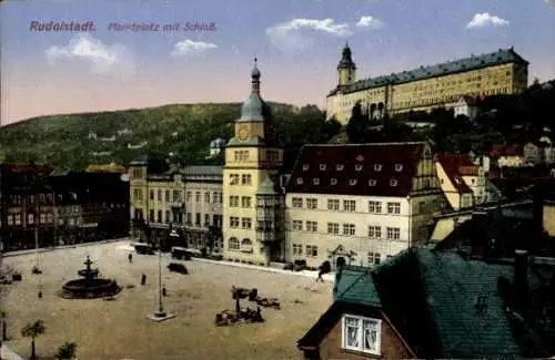 Ak Rudolstadt in Thüringen, Marktplatz, Schloss,  Architektur, Aussicht, Brunnen