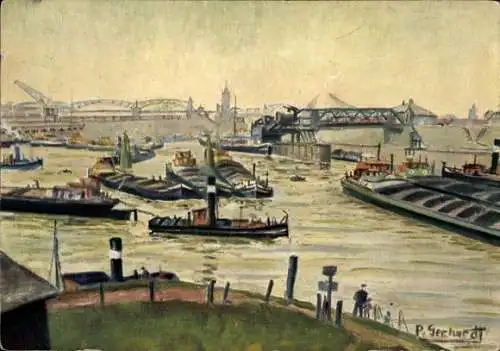 Künstler Ak Ruhrort Duisburg im Ruhrgebiet, Hafenbecken B., Ruhrbrücke
