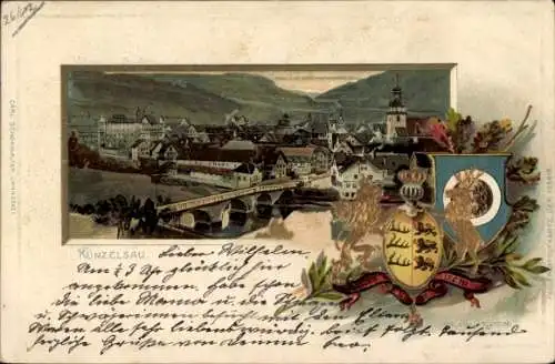 Ak Künzelsau am Kocher Hohenlohekreis, Stadtansicht, Brücke, Wappen von  Farbige Darstellungen
