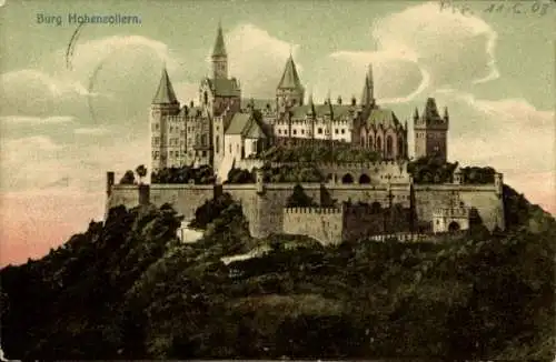Ak Zimmern Bisingen im Zollernalbkreis, Burg Hohenzollern, Burg, gotische Architektur, grüner Hüg