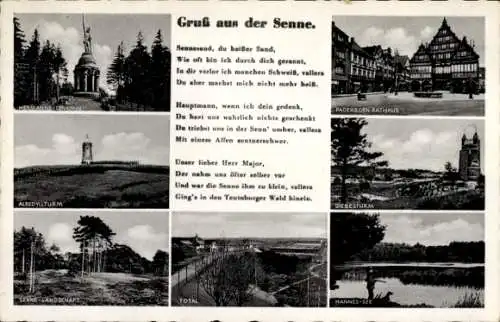 Ak Paderborn in Westfalen, Hermannsdenkmal, Diebelsturm, Rathaus, Hannes-See, Total