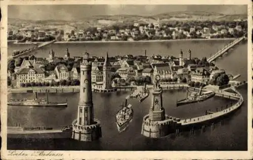 Ak Lindau am Bodensee Schwaben, Landschaft von  See, Architektur, Schiffe, Türme