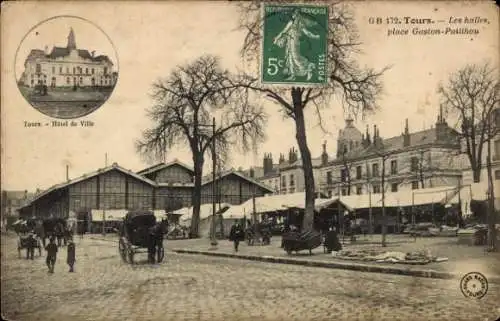 Ak Tours Indre et Loire, Markthalle, Hotel de Ville,  Gebäude.