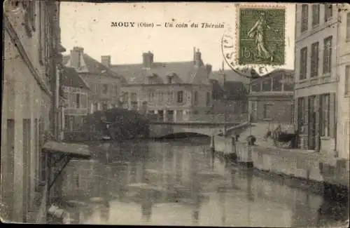 Ak Mouy Oise, Foto des Flusses,  Gebäude, Poststempel, französische Beschriftung