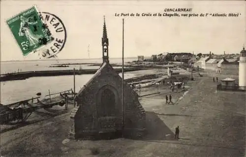 Ak Concarneau Finistère, Kapelle, Hafenansicht, Atlantic Hotel, französische Republik