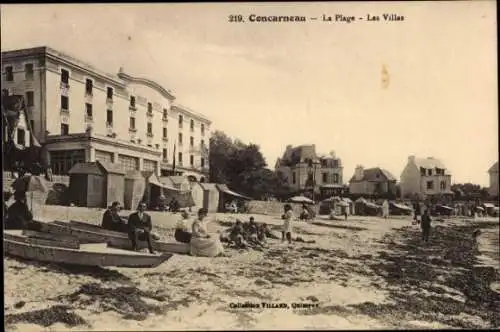 Ak Concarneau Finistère, Strandansicht, Badegäste, Strandhäuschen, Hotel