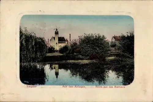 Ak Zwickau in Sachsen, Rathaus, Wasserlandschaft, Bäume, Brücke, Historisches Gebäude