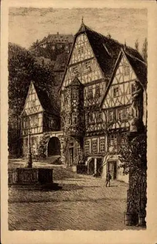 Ak Miltenberg am Main Unterfranken, Historische Häuser, Brunnen, Marktplatz, Burg im Hintergrund
