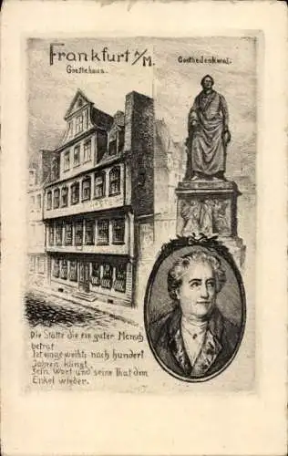 Ak Frankfurt am Main, Goethehaus, Statue von Goethe, 100 Jahre Einweihung, Gedicht