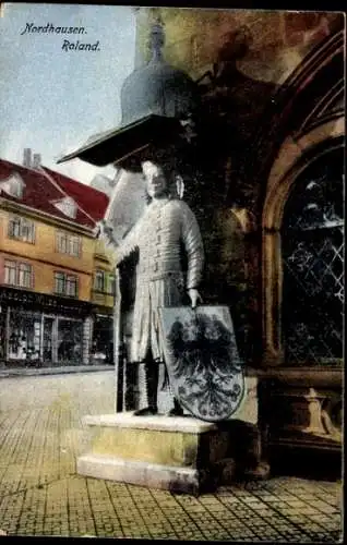 Ak Nordhausen am Harz, Statuen von Roland,  Architektur, Geschäftsstraße