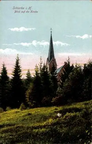 Ak Schierke Wernigerode im Harz, Blick auf die Kirche, umgeben von Natur, mit nördlichem Himmel