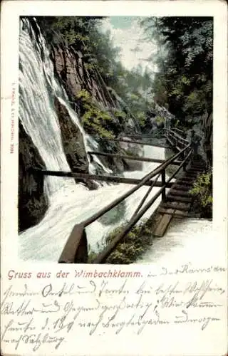 Ak Ramsau im Berchtesgadener Land Oberbayern, Wimbachklamm, Wasserfall, Holzbrücke, Felsen, Wald,