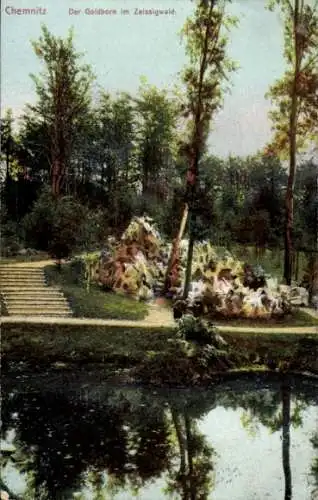 Ak Grüna Chemnitz Sachsen, Der Goldborn im Zeissigwald, Parklandschaft mit Wasser, steps