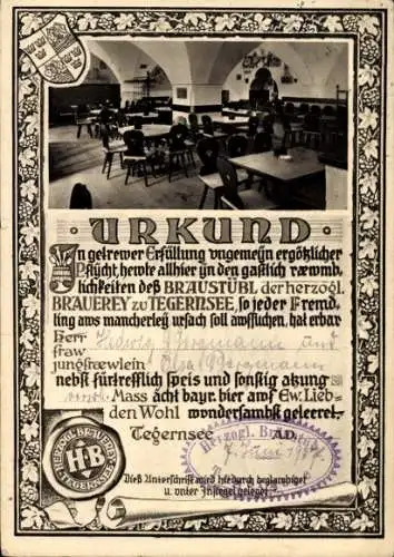 Ak Tegernsee in Oberbayern, Urkunde zur Erfüllung der Pflicht, Brauhaus, Bier,  Hedis