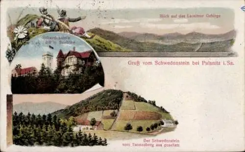 Ak Schwedenstein bei Pulsnitz, Vom Tannenberg gesehen, Blick auf das Lausitzer Gebirge