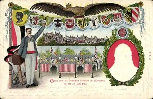 Wappen Präge Litho Nürnberg in Mittelfranken Bayern, 10. Deutsches Turnfest 1903, Turnvater Jahn