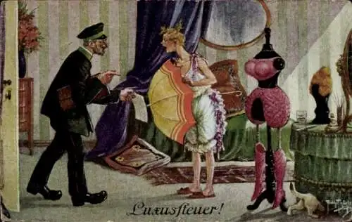 Künstler Ak Thiele, Arthur, Steuerquellen, Luxussteuer, Frau in Unterwäsche