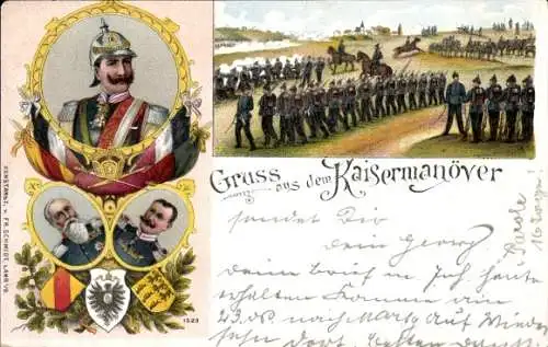 Litho Gruß vom Kaisermanöver, Kaiser Wilhelm II., Friedrich I. von Baden, Wilhelm II von Württemberg