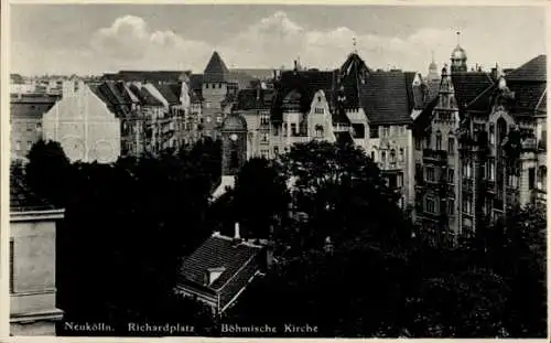 Ak Berlin Neukölln Rixdorf, Richardplatz, Böhmische Kirche,  Architektur, Stadtansicht
