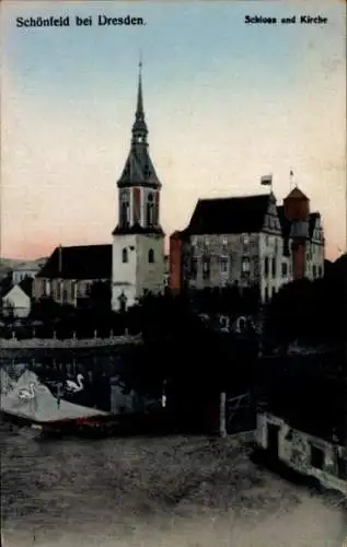 Ak Dresden Schönfeld Weißig, Schloss und Kirche, Wasseransicht,  