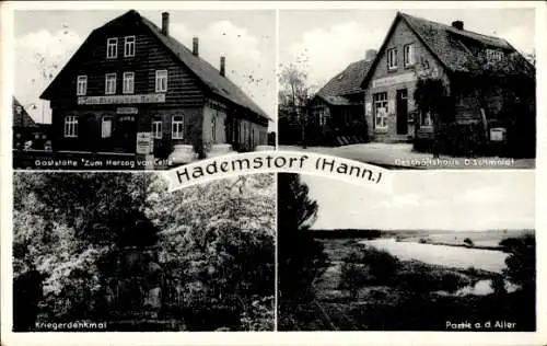 Ak Hademstorf, Gaststätte Zum Herzog von Celle, Geschäft D. Schmoldt, Kriegerdenkmal, Aller